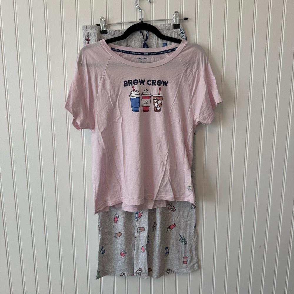 Life is Good Brew Crew Womens Pajama Set Top and Bottom Size Large Coffee